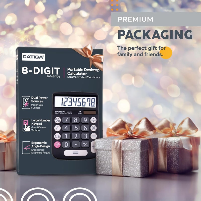 CATIGA Desktop Calculator 8 Digit with Solar Power and Easy to Read LCD Display, Big Buttons, for Home, Office, School, Class and Business, 4 Function Small Basic Calculators for Desk, CD-8185 Black - Image 2